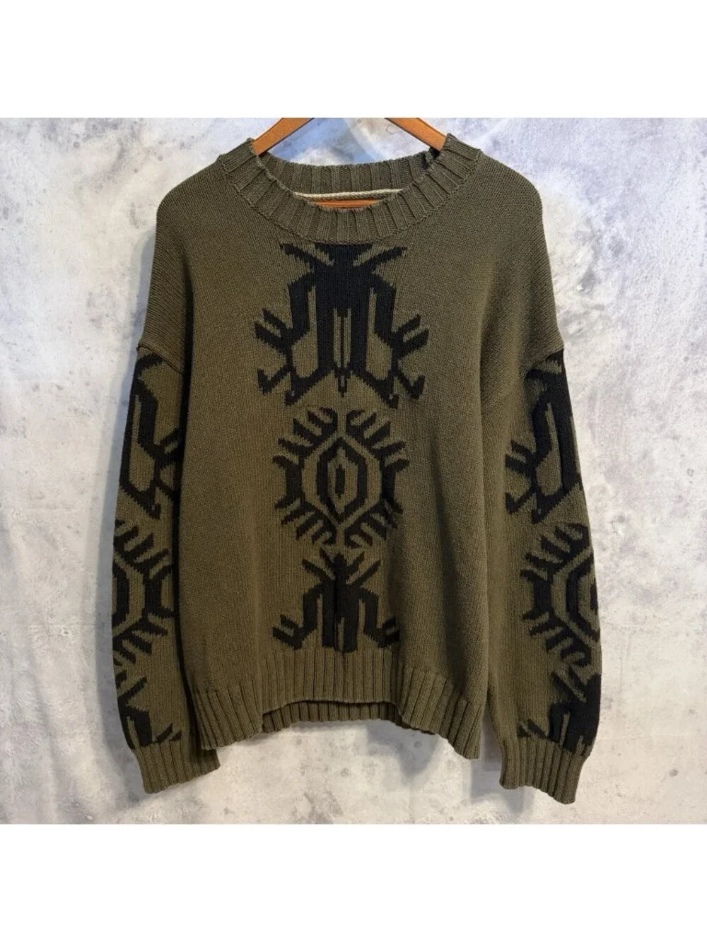 Banana Republic Heavy Knit Khaki Green Black Sweatshirt Aztec Archives Intarsia